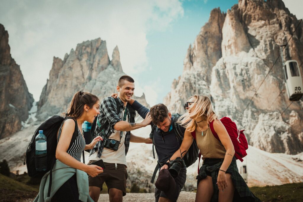 group of friends having fun on a hike